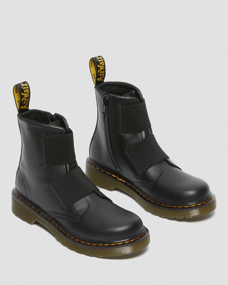 Black Kids' Dr Martens Junior 1460 Elastic Leather Lace Up Boots | CA 673HAP